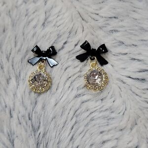 Black Bow Gold Crystal Drop Earrings - Elegant Women's Jewelry